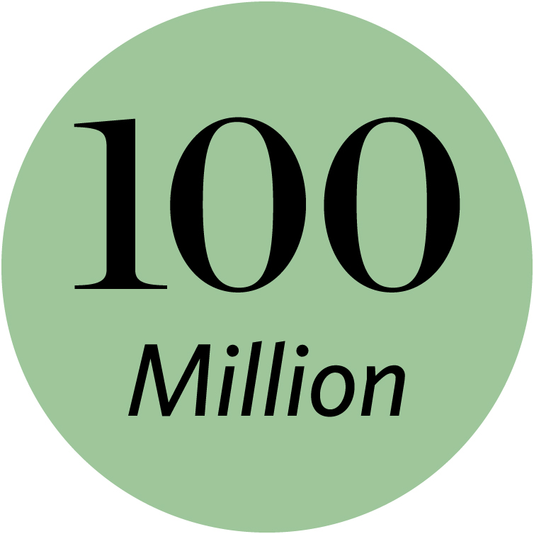 A green circle with the words 100 million in black text in the center.