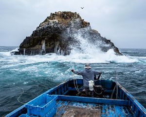 A person on a fishing boat near a small island in the water.