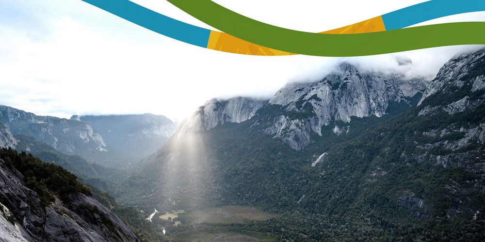 View of the mountains and forests of Pucheguin, in the Chilean Patagonia. 