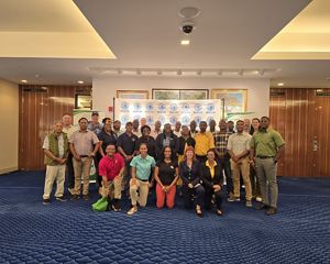 A group of participants come together for a photo at TNC in the Caribbean's Bahamas Deep Sea Pelagic Learning Exchange