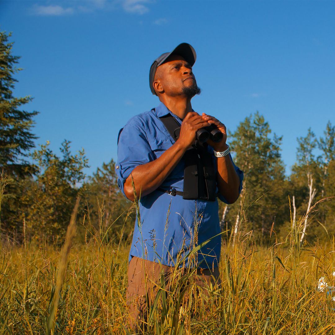 A man looks through binoculars to watch birds. 