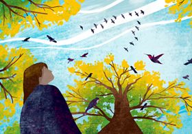 Illustration showing a woman with brown hair looking up at a blue sky and trees with green and yellow leaves with birds flying overhead.