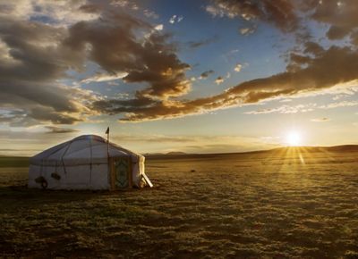 over a ger in the Mongolian grasslands.