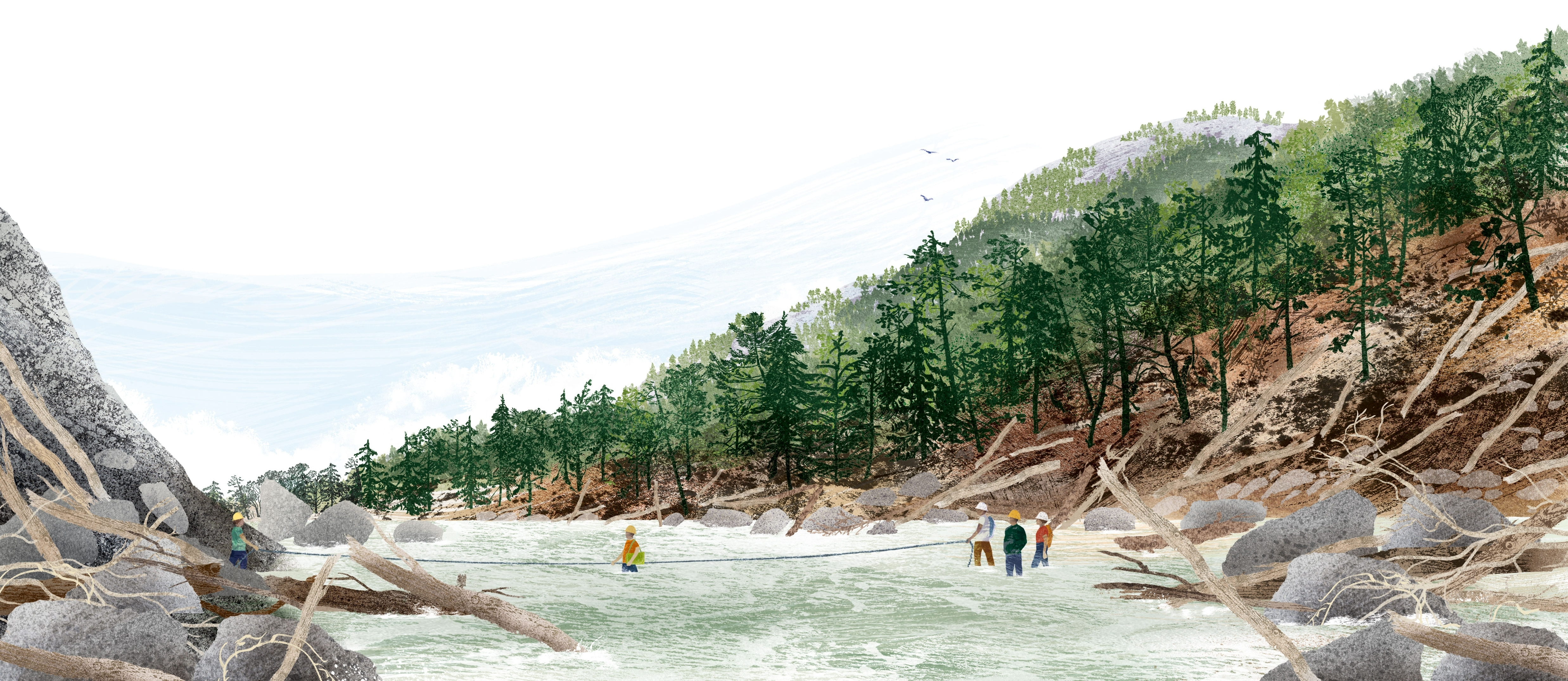 an illustration shows a team crossing Broad River using a rope amid destruction from Hurricane Helene.