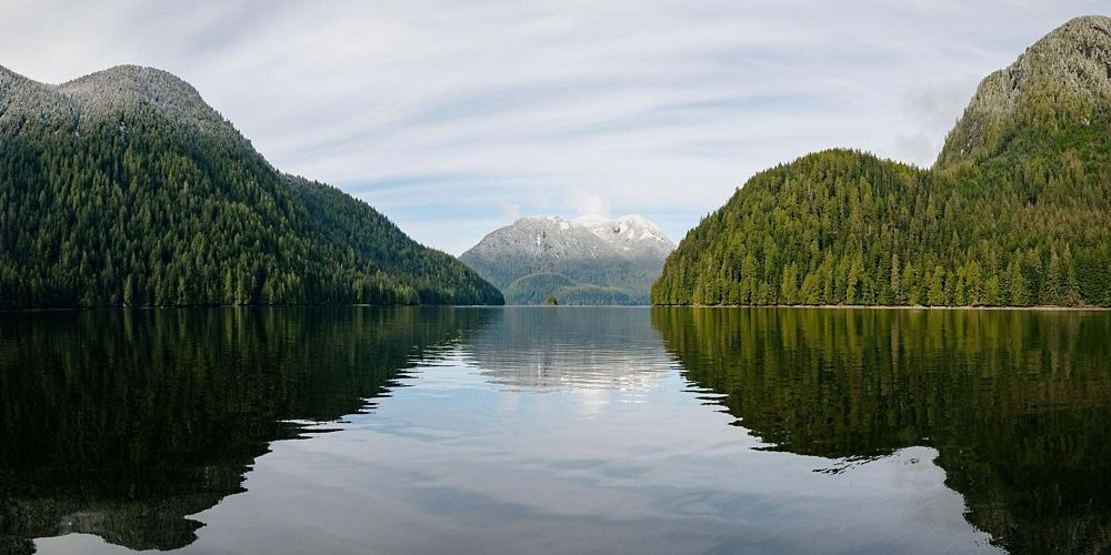mountains meet the sea on a fjord in BC, Canada.
