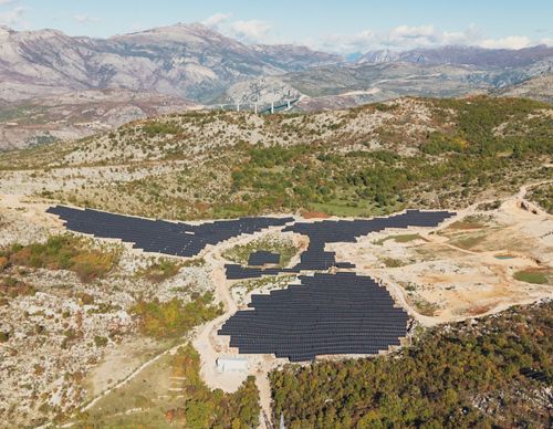 A solar farm operates in a mountainous region of Montenegro.