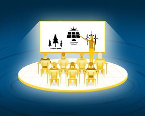 Illustration of brightly lit classroom surrounded by a dark swirl. Within the classroom, a teacher draws wind turbines and solar panels on a whiteboard for students in desks.