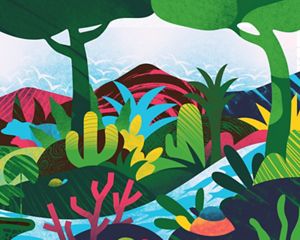 A graphic depicts a painting of various colored plants and trees with a river full of fish running through it.