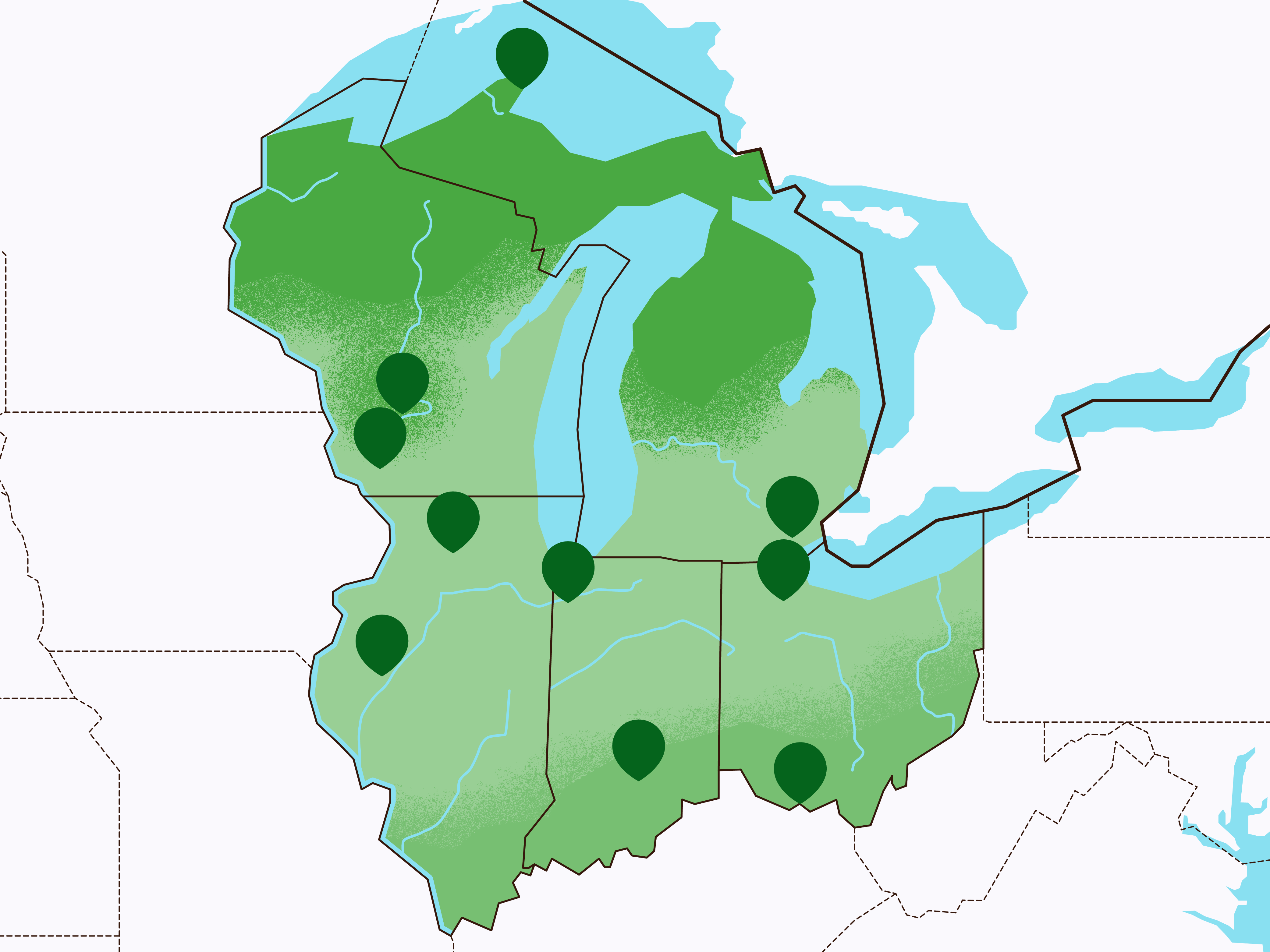 A map of the Midwest showing green markers over some TNC preserves. 